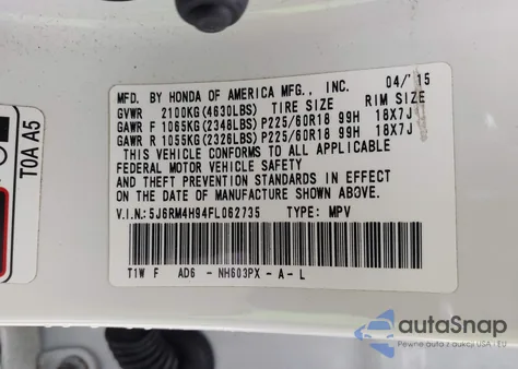 2015 Honda Cr-V Touring from USA, damaged, VIN 5J6RM4H94FL062735